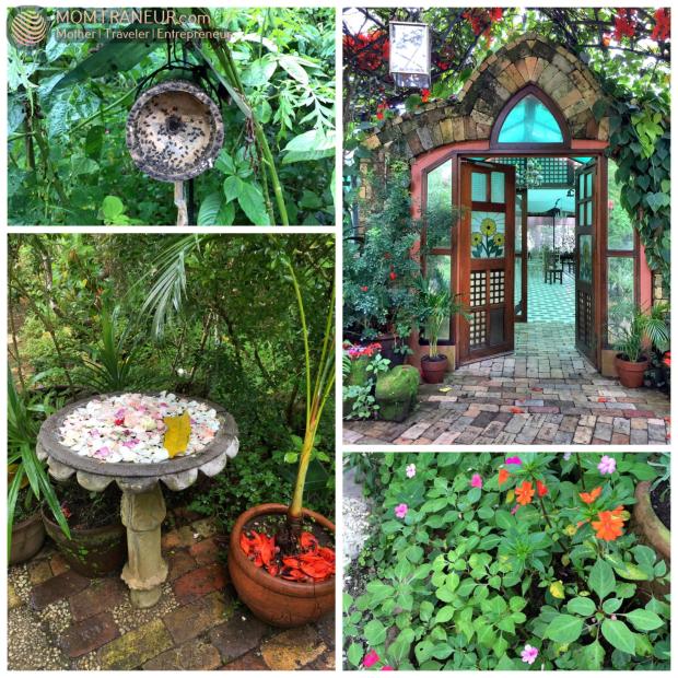 Bees, water basin with flowers, more flowering plants and ornamental designs